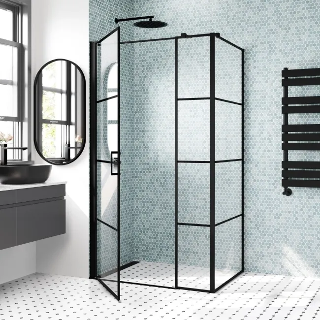 Toulon Matt Black Grid Easy Clean 6mm Pivot Shower Enclosure 1000x800mm