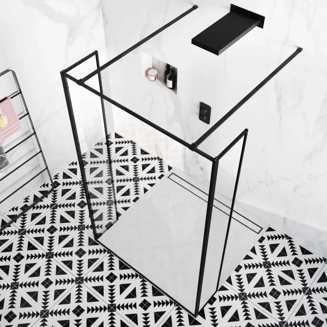 Munich Matt Black Framed 8mm Walk Through Wet Room Shower Glass Panel 1200mm & 250mm Return Panel