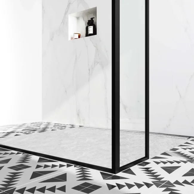 Munich Matt Black Framed 8mm Walk Through Wet Room Shower Glass Panel 1200mm & 250mm Return Panel