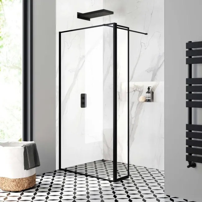 Munich Matt Black Framed 8mm Wet Room Shower Glass 900mm & 250mm Pivotal Return Panel