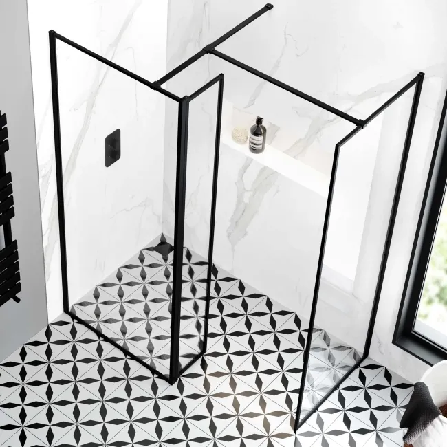 Munich Matt Black Framed 8mm Walk In Shower Enclosure 800mm & 700mm Glass with Pivotal Return Panel