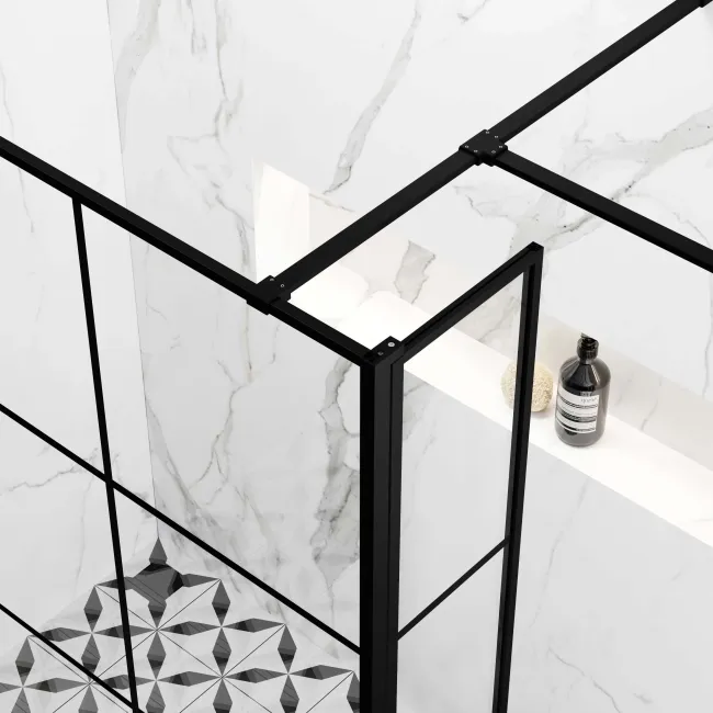 Munich Matt Black Grid 8mm Walk In Shower Enclosure 1100mm & 800mm Glass with Pivotal Return Panel