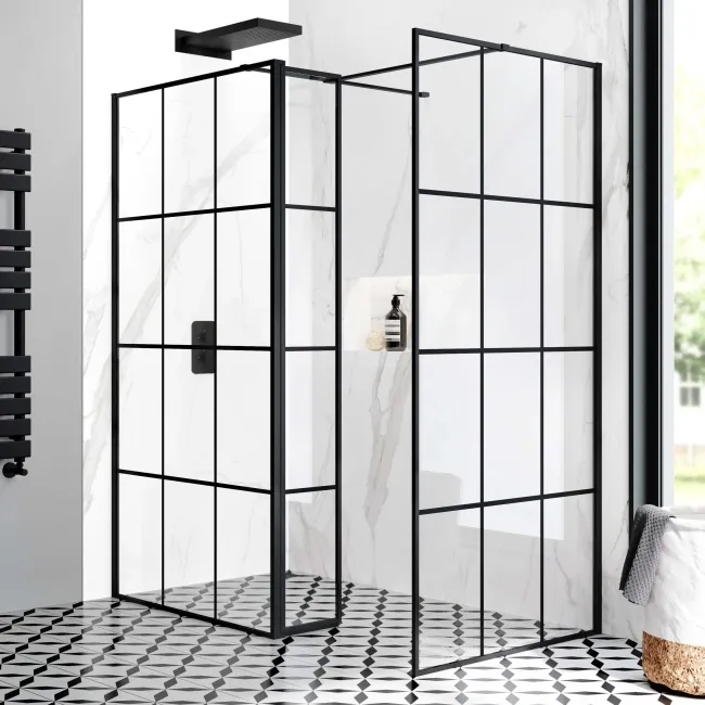 Munich Matt Black Grid 8mm Walk In Shower Enclosure 1100mm & 900mm Glass with Pivotal Return Panel