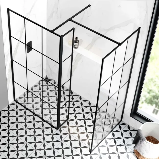 Munich Matt Black Grid 8mm Walk In Shower Enclosure 1100mm & 900mm Glass with Pivotal Return Panel