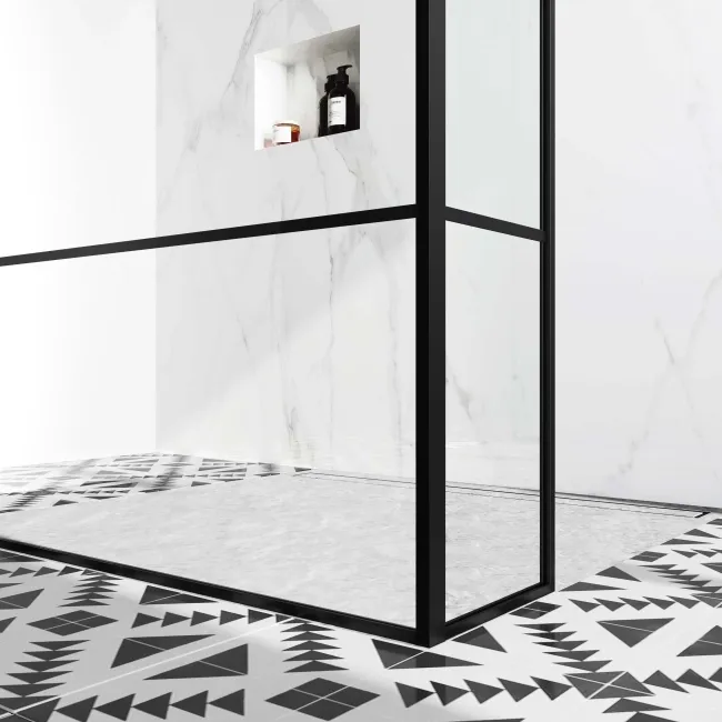 Munich Matt Black Grid 8mm Walk Through Wet Room Shower Glass Panel 1100mm & 250mm Return Panel