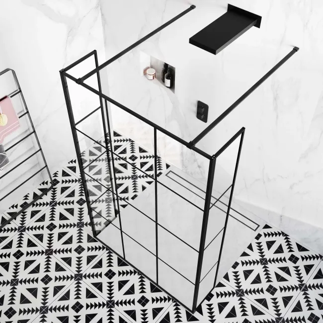 Munich Matt Black Grid 8mm Walk Through Wet Room Shower Glass Panel 1100mm & 250mm Return Panel
