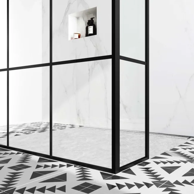 Munich Matt Black Grid 8mm Walk Through Wet Room Shower Glass Panel 1100mm & 250mm Return Panel