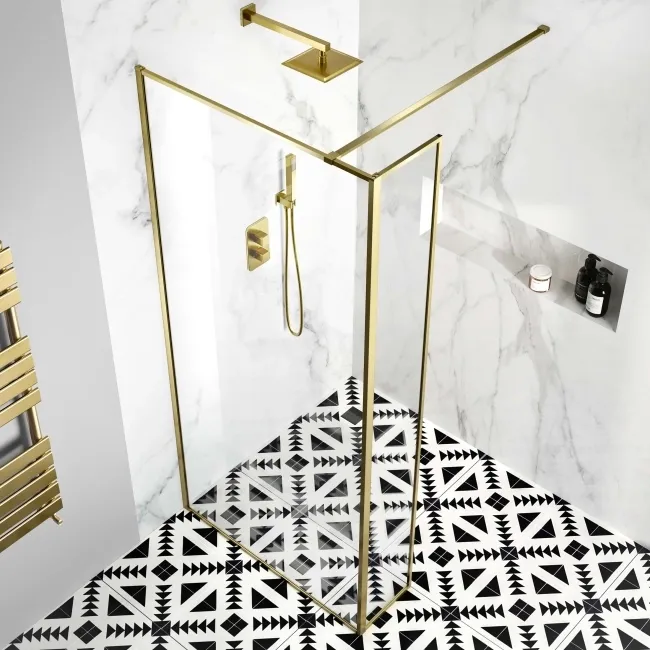 Munich Brushed Brass Framed 8mm Wet Room Shower Glass 1000mm & 250mm Return Panel