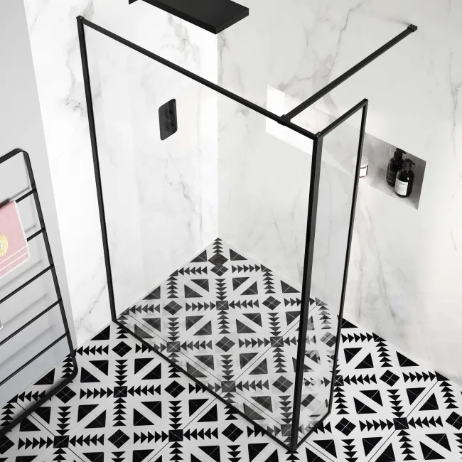 Munich Matt Black Framed 8mm Wet Room Shower Glass 1400mm & 250mm Return Panel