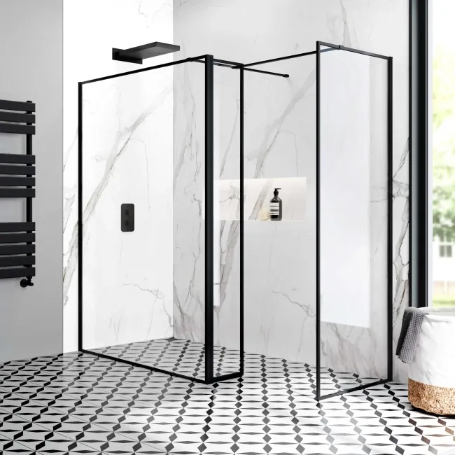 Munich Matt Black Framed 8mm Walk In Shower Enclosure 1400mm & 800mm Glass with Pivotal Return Panel