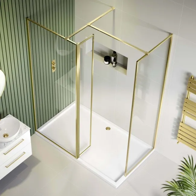 Munich Brushed Brass Framed 8mm Walk In Shower Enclosure 800mm & 700mm Glass with Return Panel