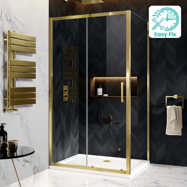 Hamburg Brushed Brass Easy Clean 8mm Sliding Shower Enclosure 1100x760mm - Easy Fix