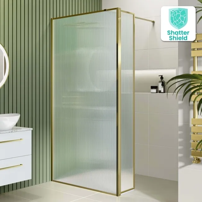Munich Fluted Effect Brushed Brass 8mm Wet Room Shower Glass 900mm & 250mm Pivotal Return Panel
