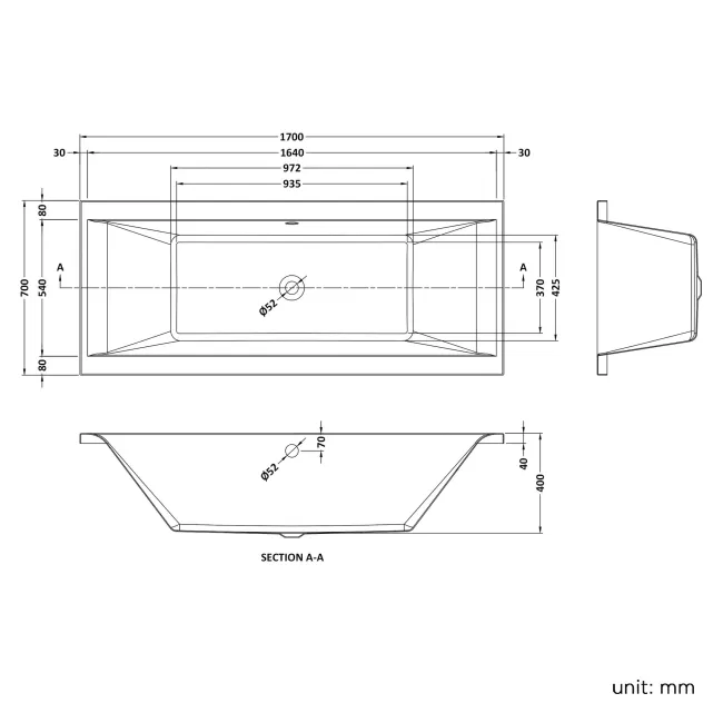 Durham 1700x700 Square Double Ended Bath