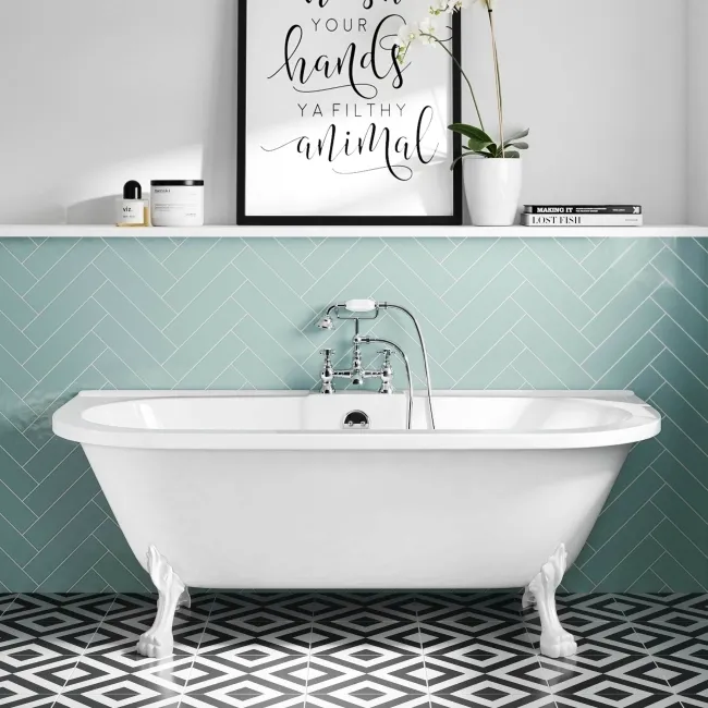 Harrow 1700mm Back To Wall Roll Top Bath - White Claw Feet