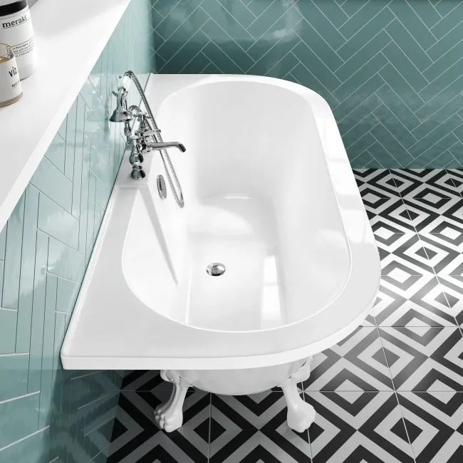 Harrow 1700mm Back To Wall Roll Top Bath - White Claw Feet