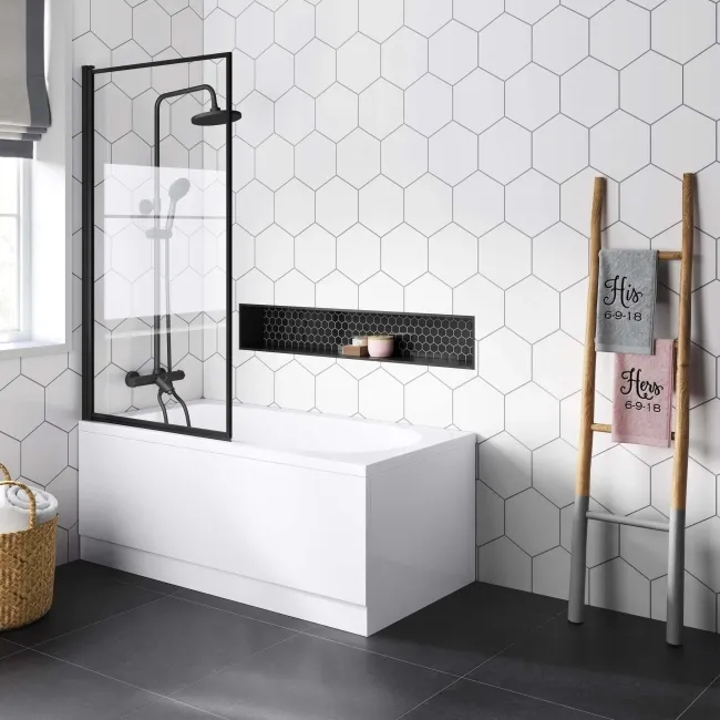 Stafford 1400x700 Round Shower Bath & 6mm Easy Clean Matt Black Framed Bath Screen