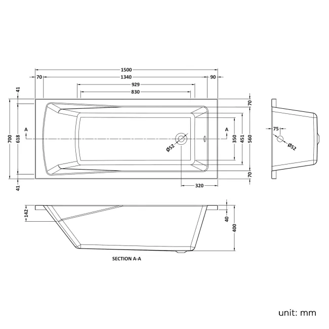 Hereford 1500x700 Square Shower Bath & 6mm Easy Clean Screen with Rail