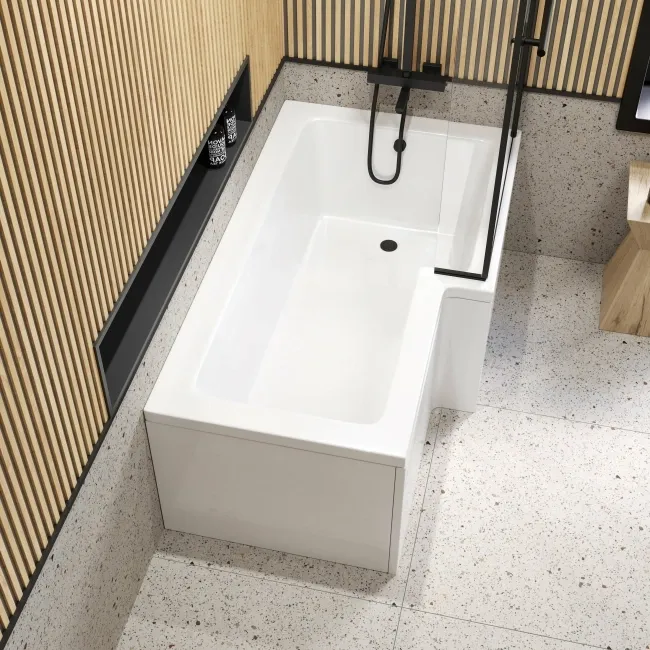 L Shaped 1600 Shower Bath & 6mm Matt Black Easy Clean Screen with Rail - Right Handed