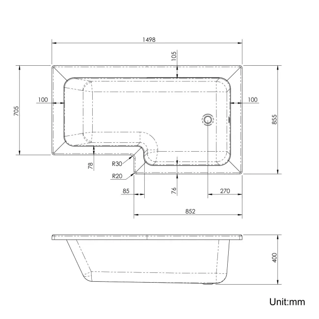 L Shaped 1500 Shower Bath with Front Panel & 6mm Easy Clean Screen with Rail - Right Handed