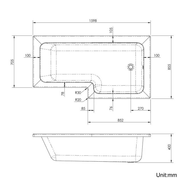 L Shaped 1600 Shower Bath with Front Panel & 6mm Matt Black Easy Clean Screen with Rail - Right Handed