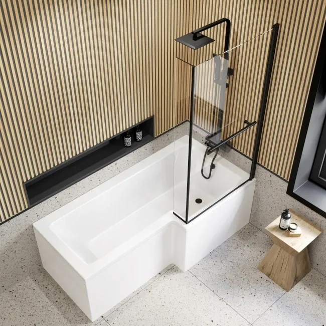 L Shaped 1700 Shower Bath with Front Panel & 6mm Easy Clean Screen with Rail - Right Handed