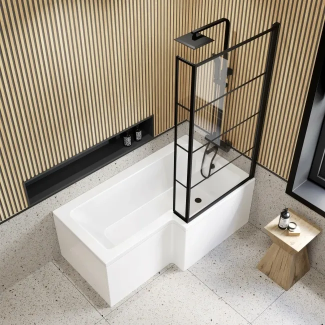 L Shaped 1500 Shower Bath & 6mm Easy Clean Matt Black Grid Bath Screen - Right Handed