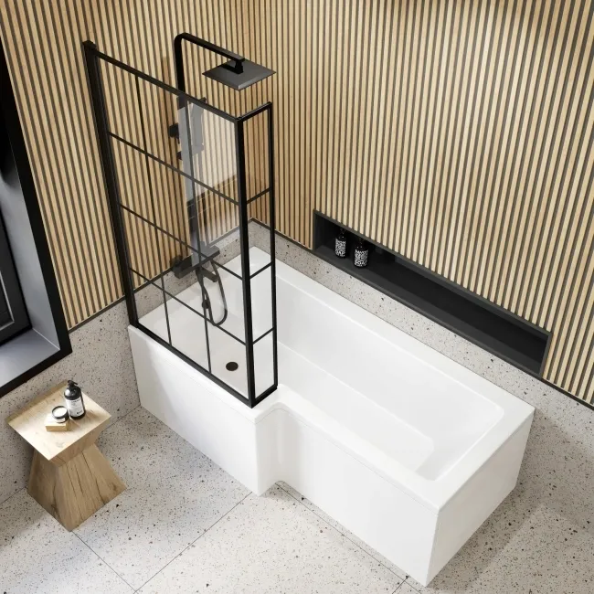 L Shaped 1700 Shower Bath with Front Panel & 6mm Easy Clean Matt Black Grid Bath Screen - Left Handed