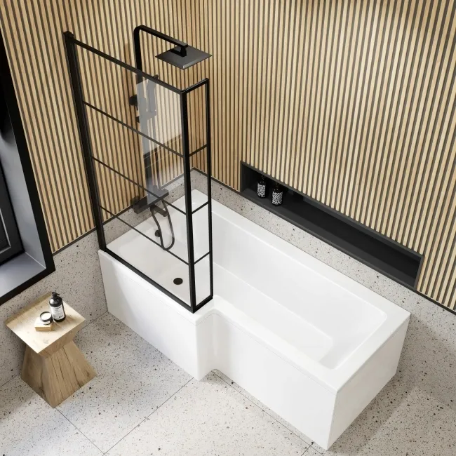 L Shaped 1700 Shower Bath with Front Panel & 6mm Easy Clean Matt Black Grid Bath Screen - Left Handed