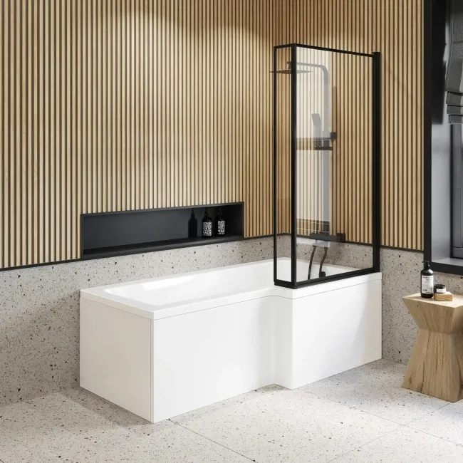 L Shaped 1700 Shower Bath with Front Panel & 6mm Easy Clean Matt Black Framed Bath Screen - Right Handed