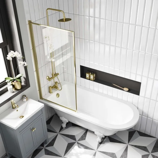 Abingdon 1700 Roll Top Shower Bath - White Ball Feet & 6mm Easy Clean Brushed Brass Framed Screen
