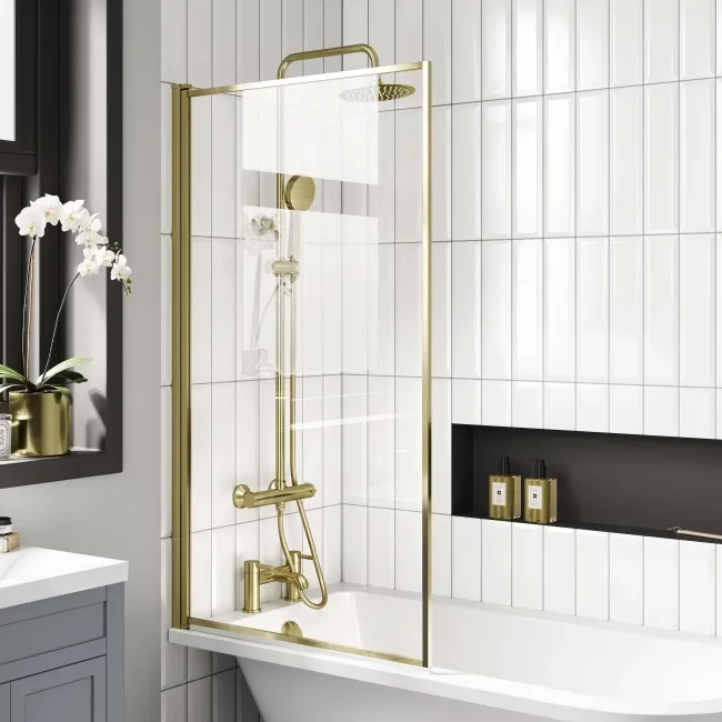 Abingdon 1700 Roll Top Shower Bath - White Ball Feet & 6mm Easy Clean Brushed Brass Framed Screen