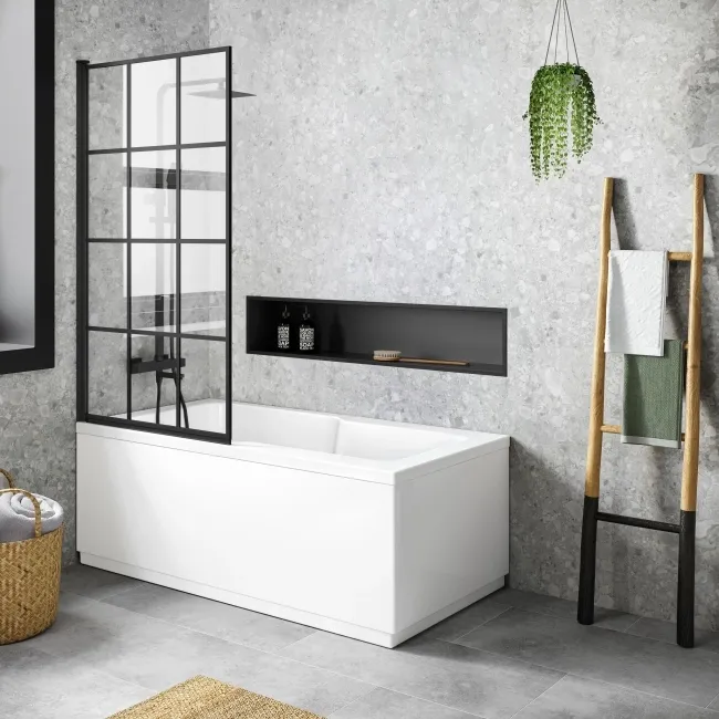 Dover 1600x750 Keyhole Shower Bath & 6mm Easy Clean Matt Black Grid Bath Screen