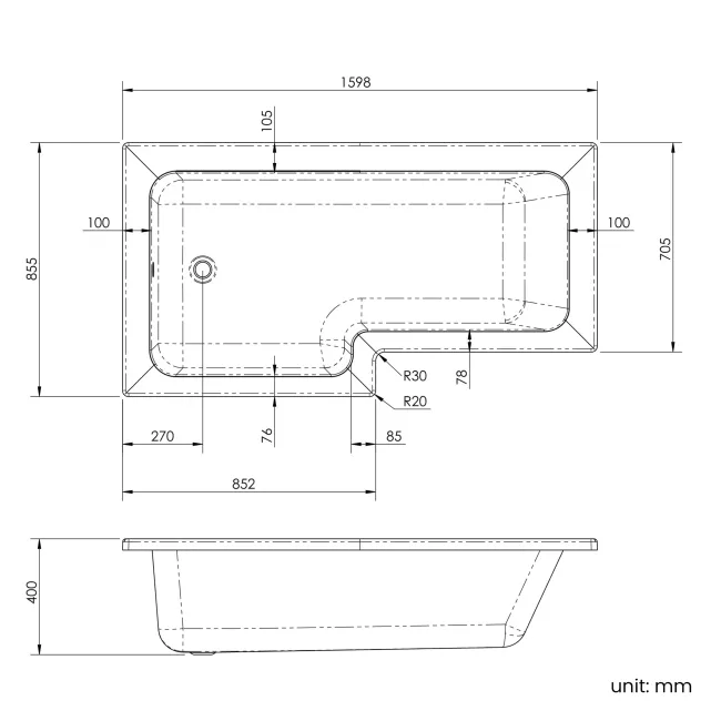 L Shaped 1600 Shower Bath with Front Panel & 6mm Easy Clean Brushed Brass Bath Screen - Left Handed