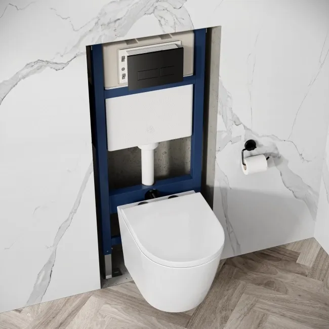 Idaho Pneumatic Wall Hung Toilet Frame and Concealed Cistern with Matt Black Flush Plate - Square Buttons