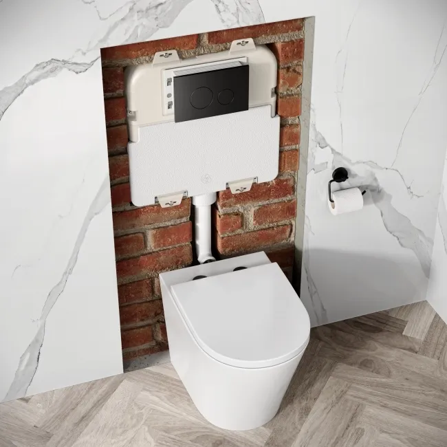 Idaho Pneumatic Concealed Cistern with Matt Black Flush Plate - Round Buttons