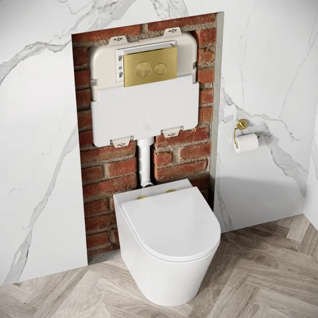Idaho Pneumatic Concealed Cistern with Brushed Brass Flush Plate - Round Buttons