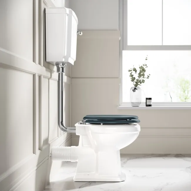 Hudson Traditional Toilet With Low-Level Cistern and Inky Blue Wooden Seat