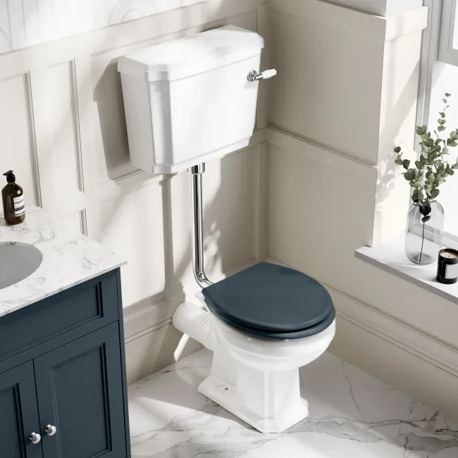 Hudson Traditional Toilet With Low-Level Cistern and Inky Blue Wooden Seat