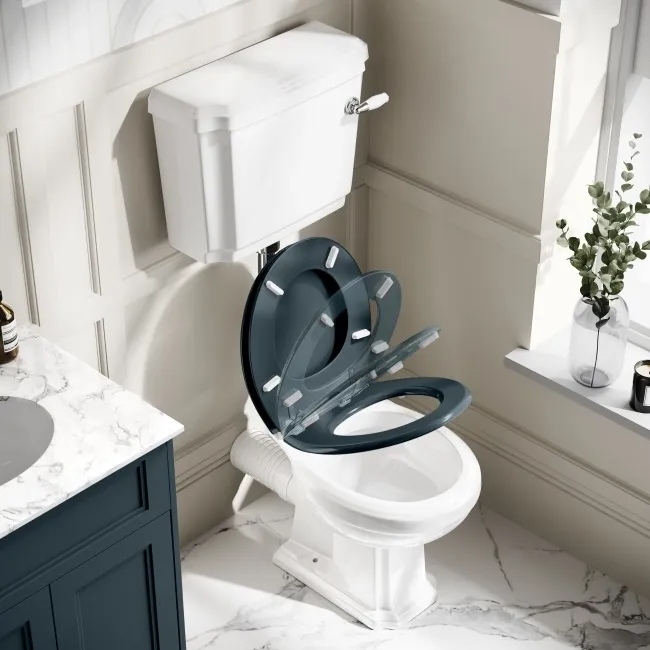 Hudson Traditional Toilet With Low-Level Cistern and Inky Blue Wooden Seat
