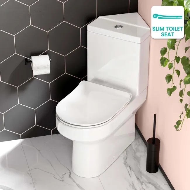 Denver Rimless Fully Back to Wall Close Coupled Corner Toilet With Soft Close Slim Seat