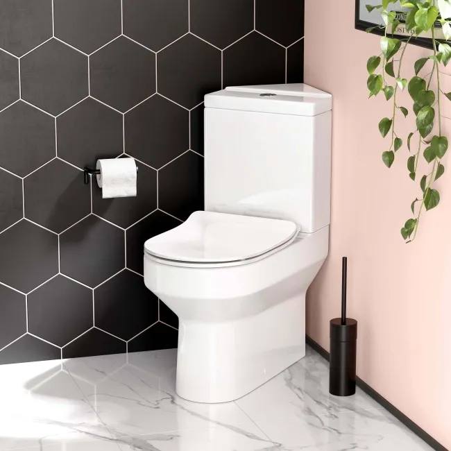 Denver Rimless Fully Back to Wall Close Coupled Corner Toilet With Soft Close Slim Seat