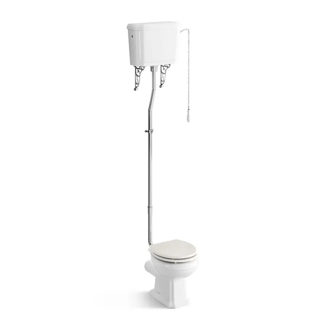 Hudson Traditional Toilet With High-Level Cistern and Cotton White Wooden Seat