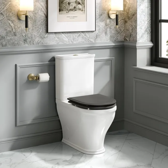 Kansas Traditional Rimless Close Coupled Toilet With Graphite Grey Wooden Seat - Brushed Brass Hinges