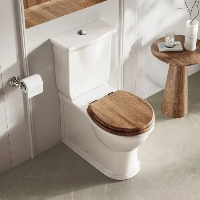 Alma Traditional Rimless Close Coupled Toilet With Oak Effect Wooden Soft Close Seat