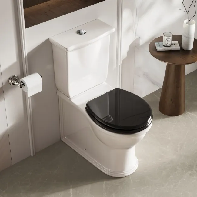 Alma Traditional Rimless Close Coupled Toilet With Gloss Black Wooden Soft Close Seat