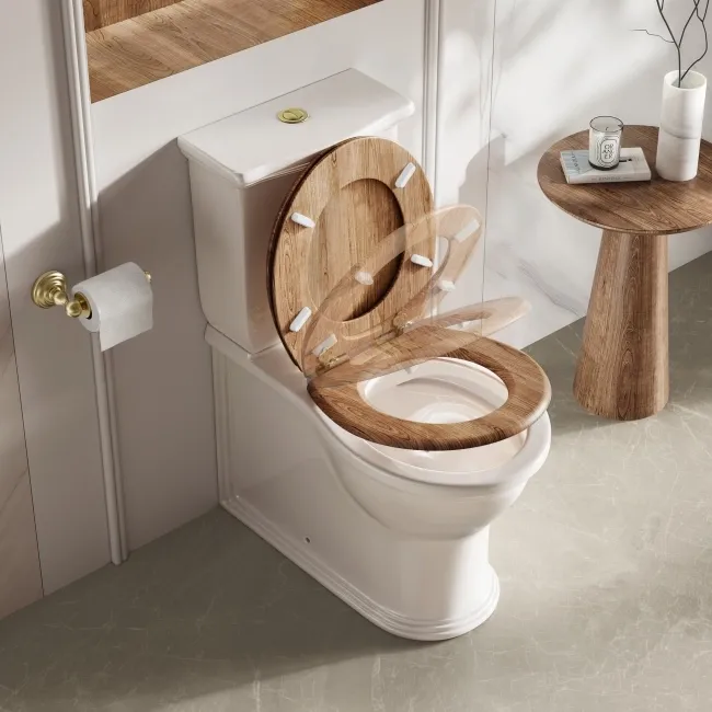 Alma Traditional Rimless Close Coupled Toilet With Oak Effect Wooden Soft Close Seat - Brushed Brass Hinges