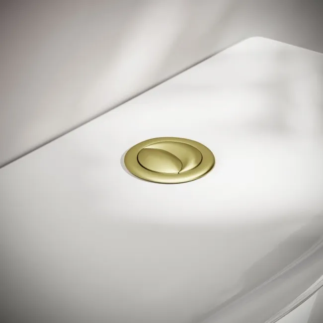 Alma Traditional Rimless Close Coupled Toilet With Gloss Black Wooden Soft Close Seat - Brushed Brass Hinges