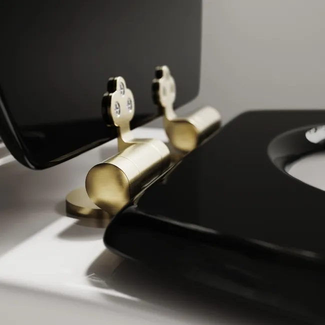 Alma Traditional Rimless Close Coupled Toilet With Gloss Black Wooden Soft Close Seat - Brushed Brass Hinges