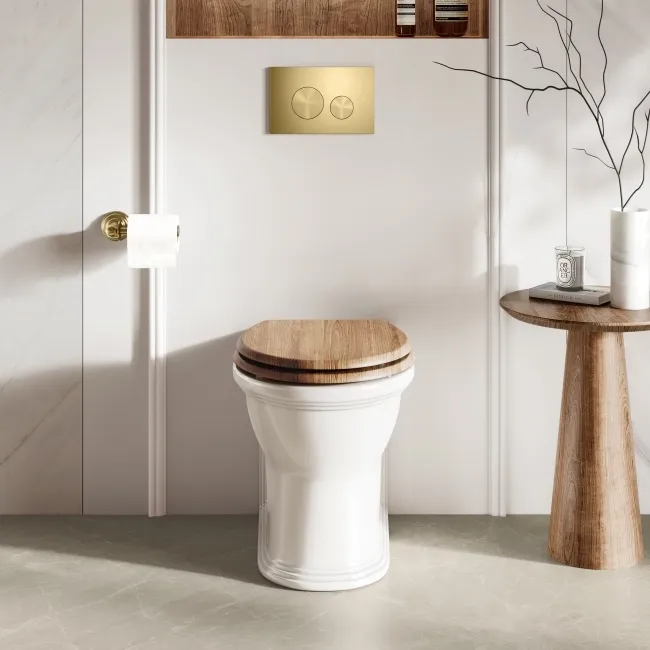 Alma Traditional Rimless Back To Wall Toilet With Oak Effect Wooden Soft Close Seat - Brushed Brass Hinges